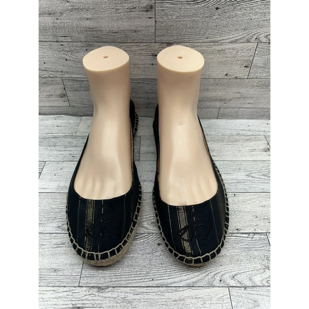 Sam‎ Edelman Jessa Striped Espadrille Flats Casual Black Gold Women's Size 8M